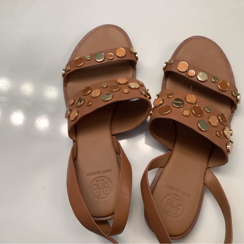 Tory Burch Tan Gold Studded Sandals